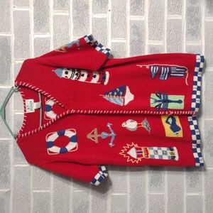 Quacker Factory Women's Red Nautical Short Sleeve Button Down Sweater Medium